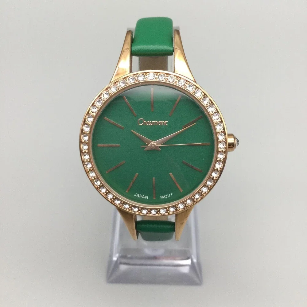 Chaumont Womens Watch 36mm Green Dial Crystal Bezel Dress Leather New Battery